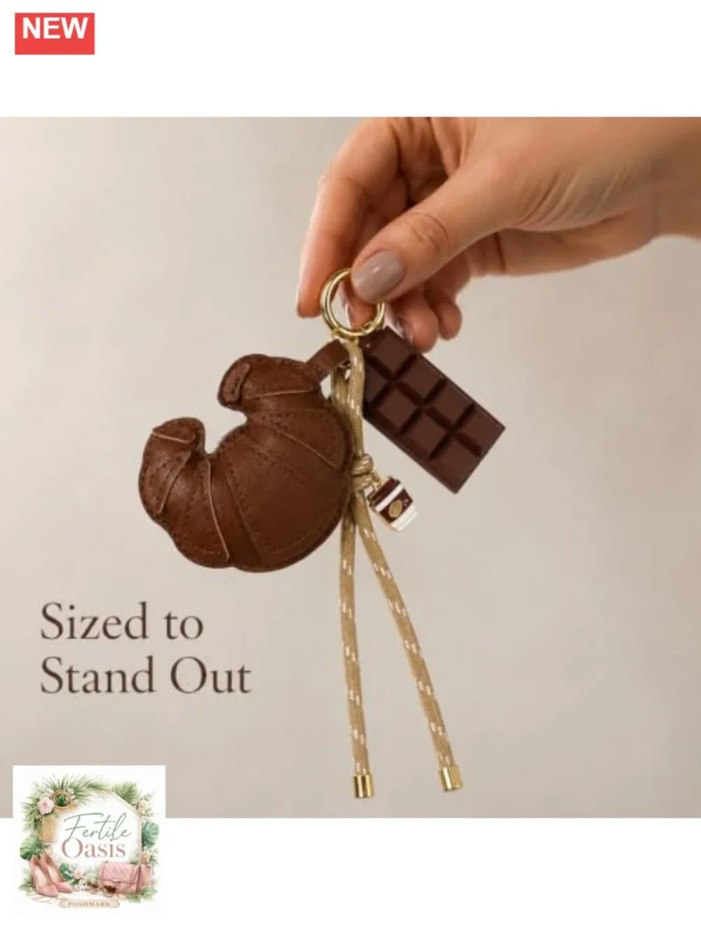 Croissant Coffee Bag Charm Keychain Purse Charm, Faux Leather Tassel